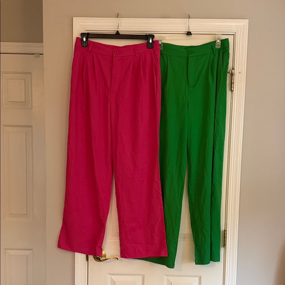 Two Pairs of Business Casual Summer Vibrant Pink and Green Women's Pants